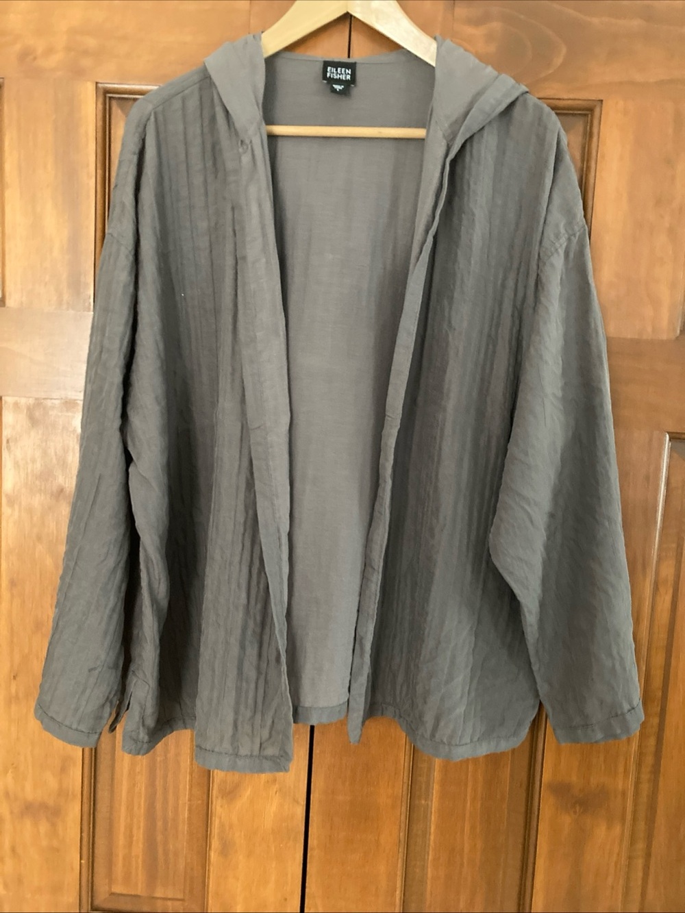 Eileen Fisher Gray Hooded Open front cardigan Jacket silk blend women’s large